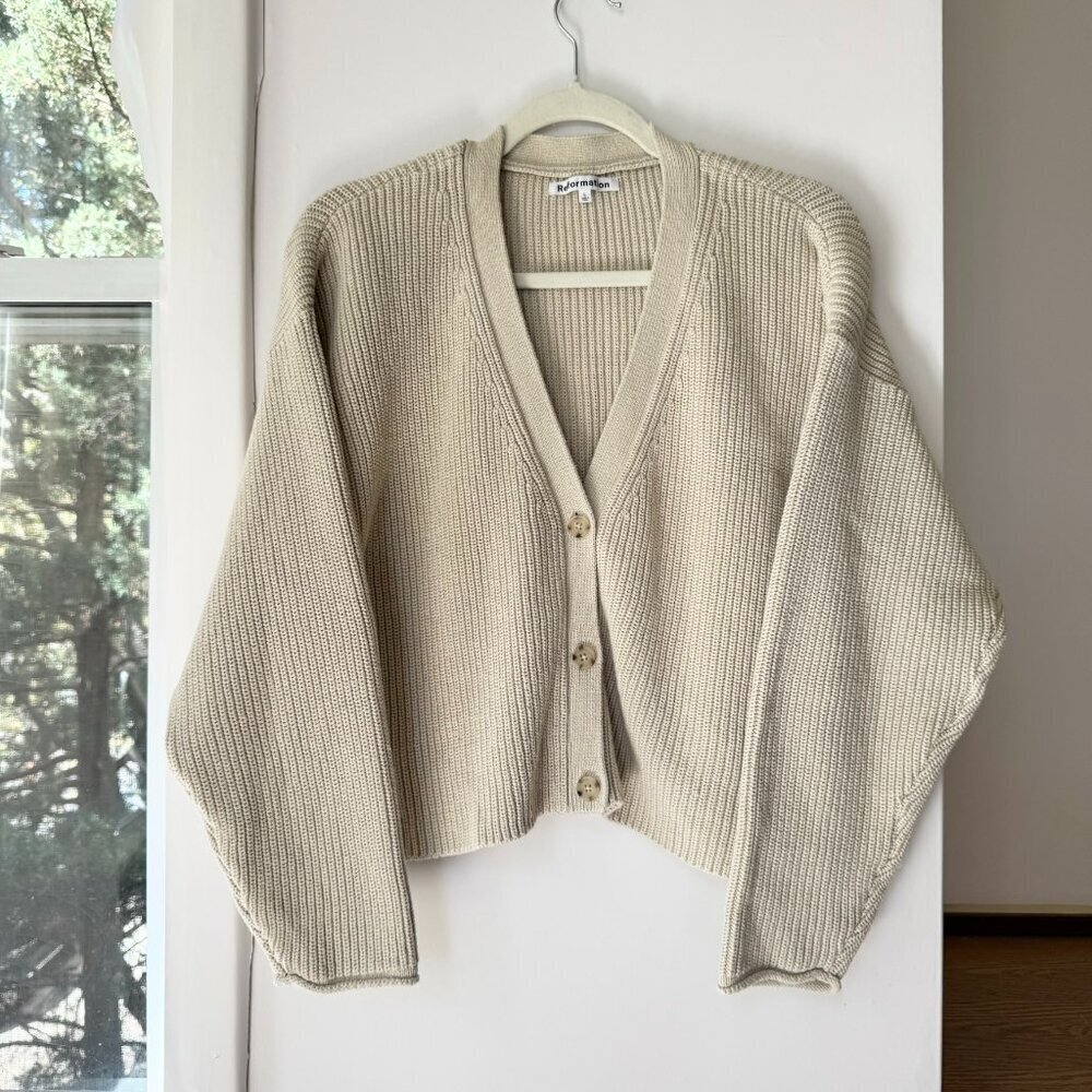 Reformation Jessa Cardigan Sweater 100% Cotton Cream Large - Picture 1 of 11